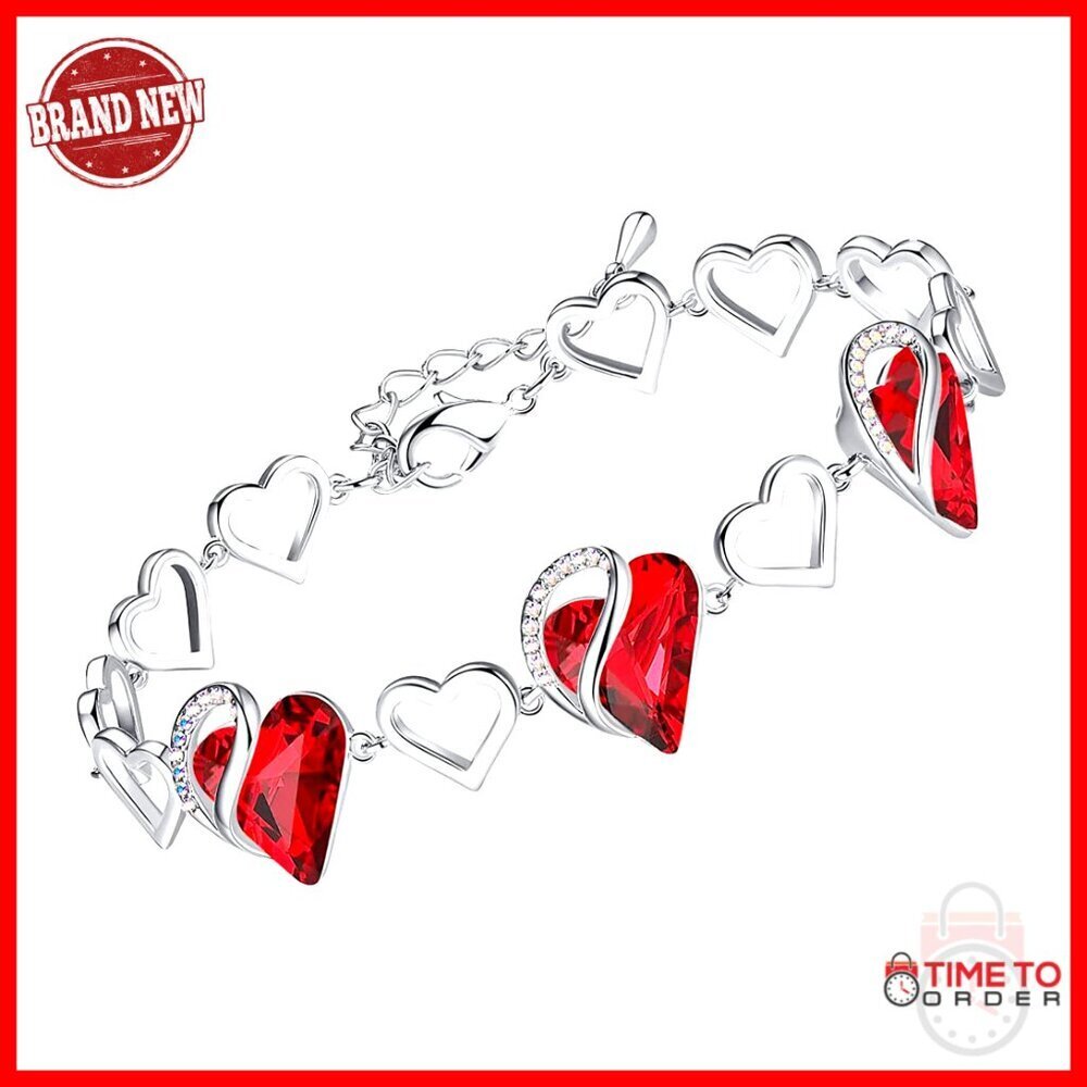 Silver Tone Link Bracelet Elegant Heart Crystal Charm Adjustable Chain